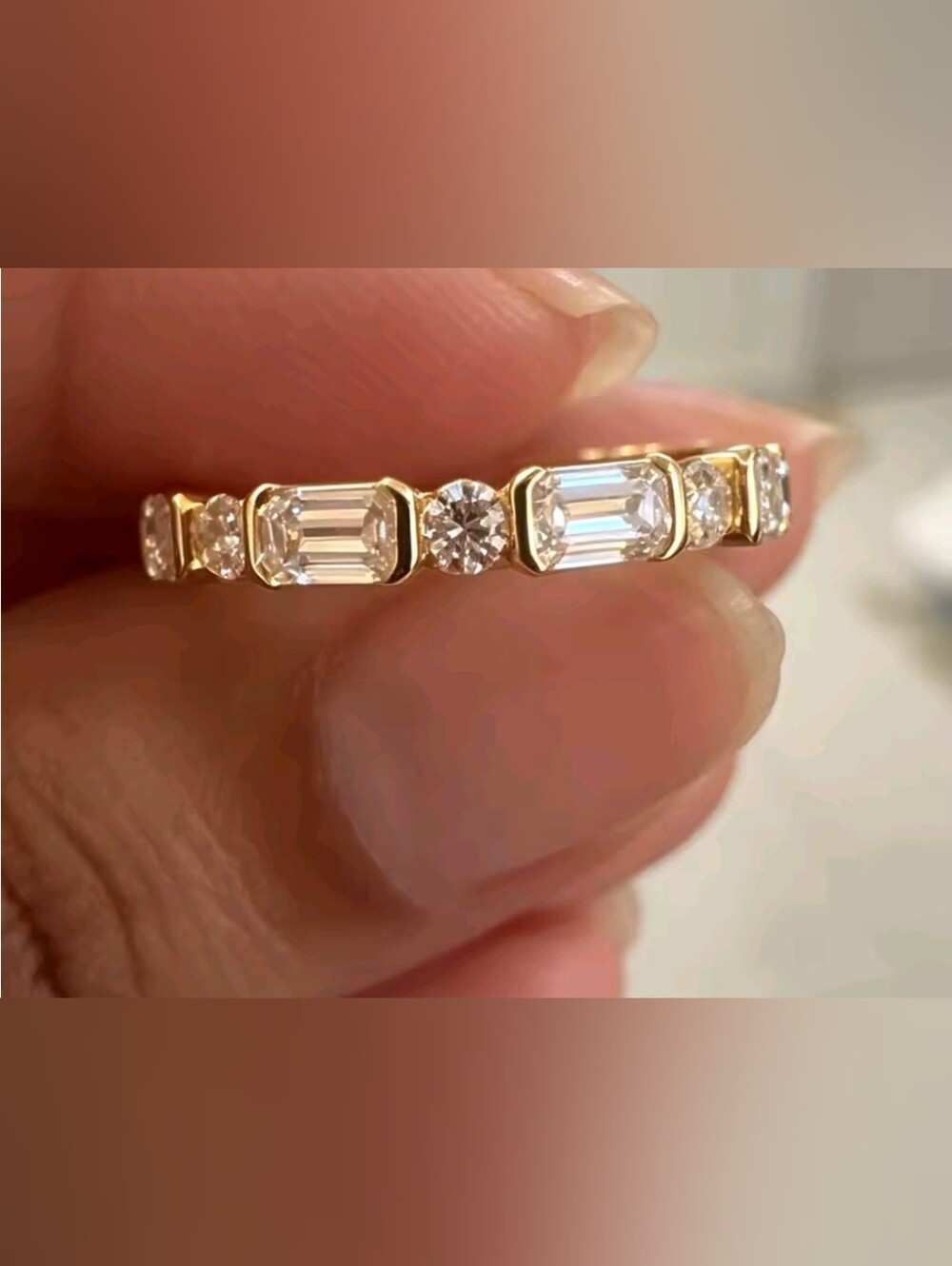 Certified Emerald & Round Brilliant-cut Full Moissanite Eternity band size 5 US
